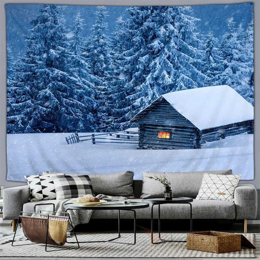 Winter forest snow scene tapestry wall hanging home bedroom living room mural decorative background clothM251125