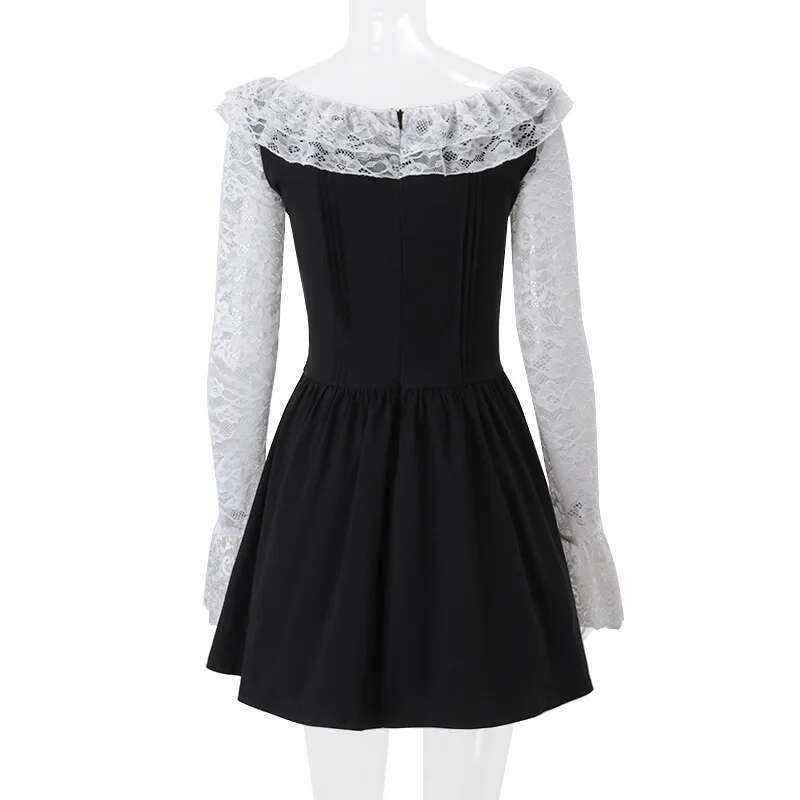 Dongdumaoyi Townlike Waist Wrap Pleated A Line Dress Women Mini Autumn Winter Lace Patchwork Nightclub Sexy Party Dresses