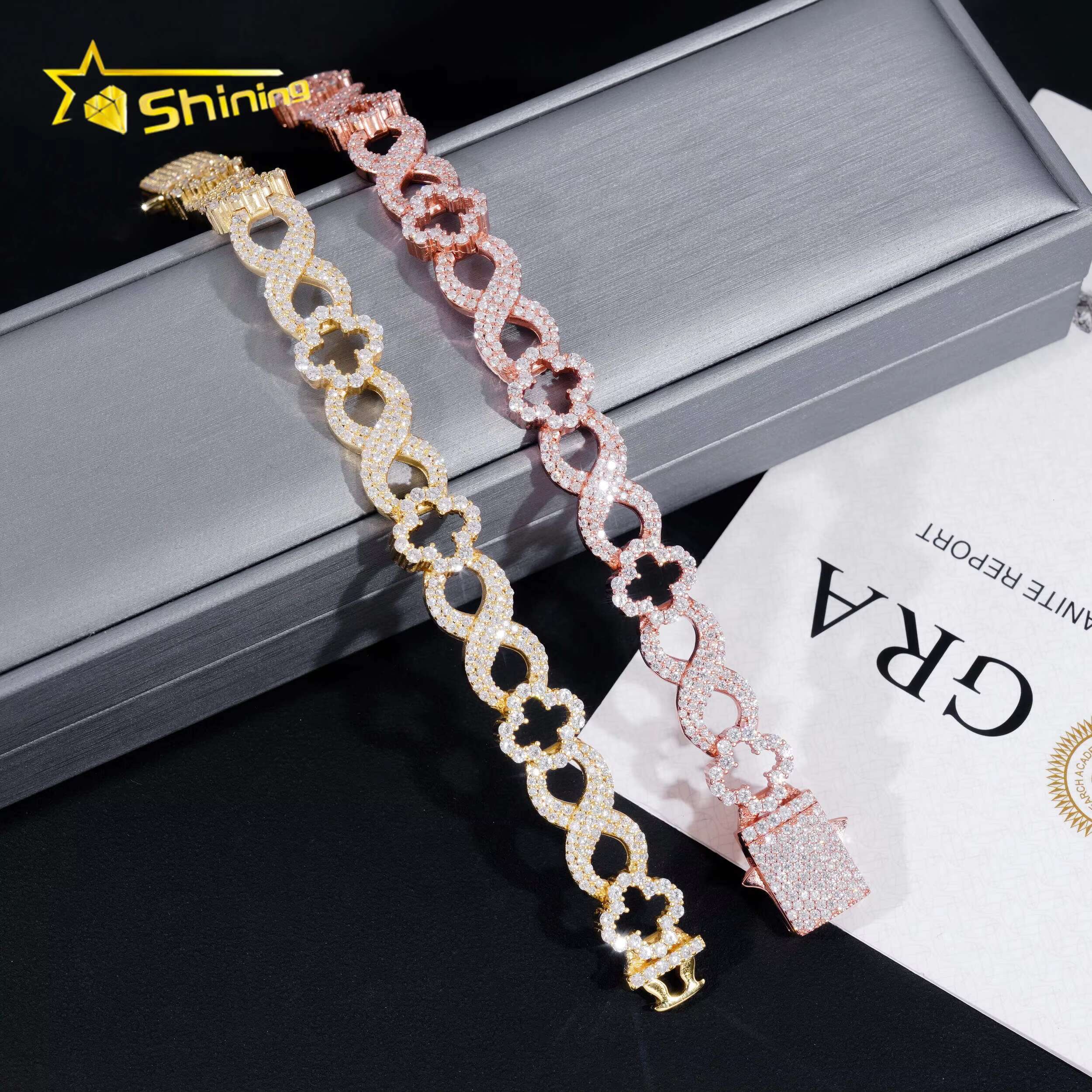 New Arrivals Hip Hop GRA Certificate 11mm 925 Silver Infinity Clover Cuban Mens Moissanite Bracelet