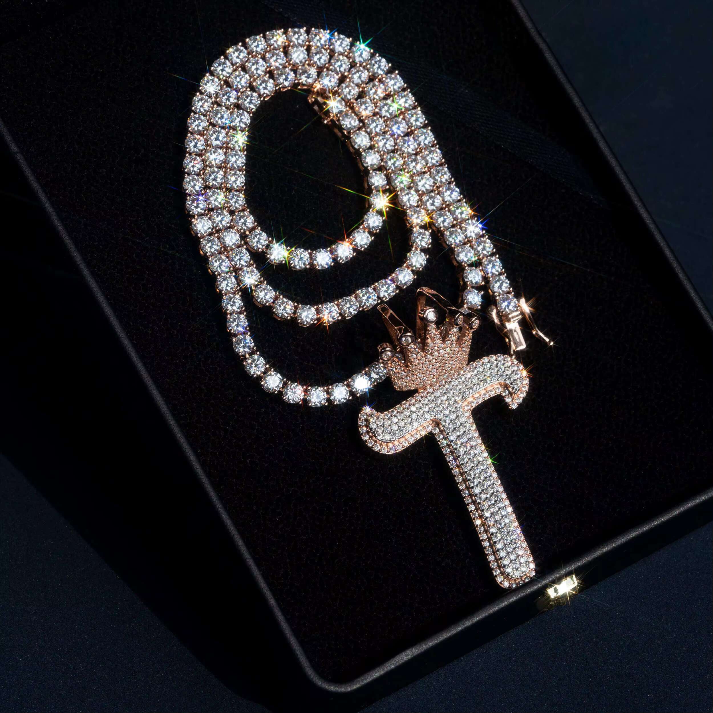 GRA Certificated Pass Diamond Tester 2.5 Tall Crown Bail Custom Letter Initial Name Pendant Fit for 4mm Tennis Chain