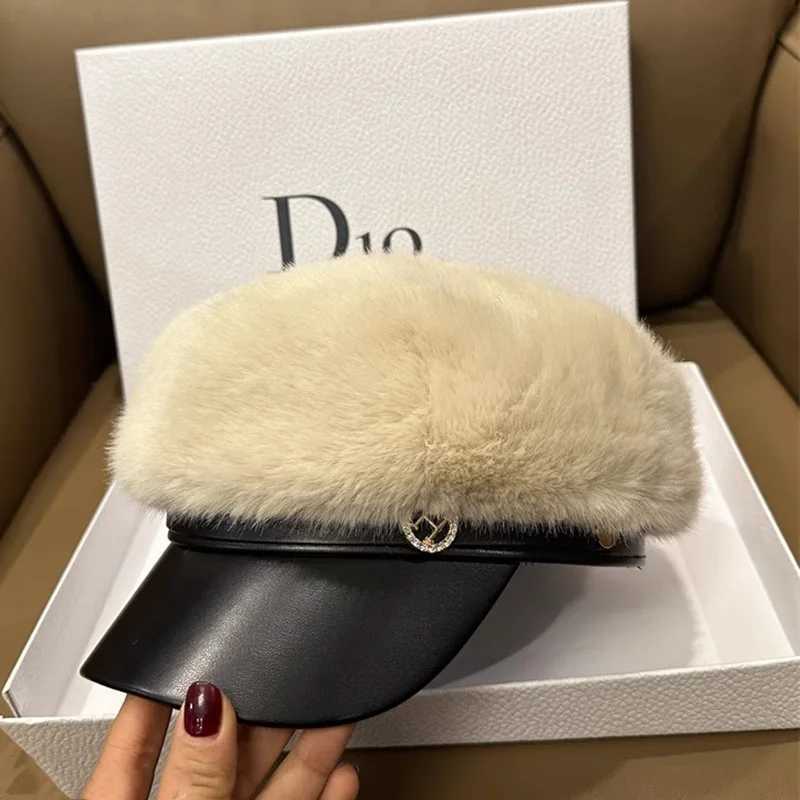 Vintage Mink Fur Beret Women Luxury Versatile Artist Hat Girls Lady Winter Warm Big Head Octagonal Cap Hard Brim Ski Caps J251125