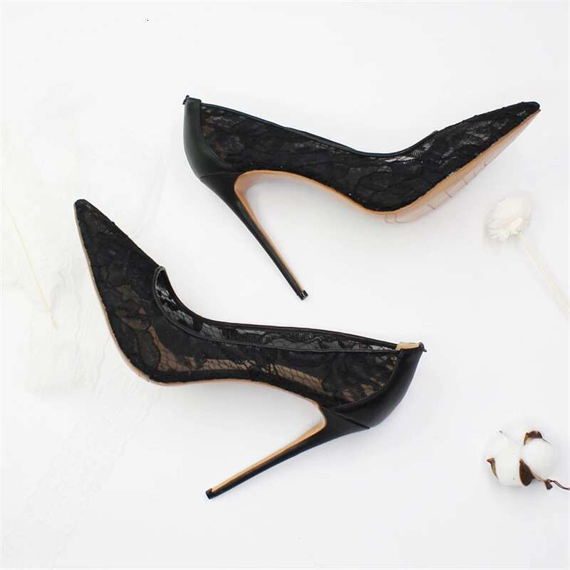 Spring and summer new pointed shallow lace mesh breathable red sole shoes thin high-heeled banquet dress large size women's shoe