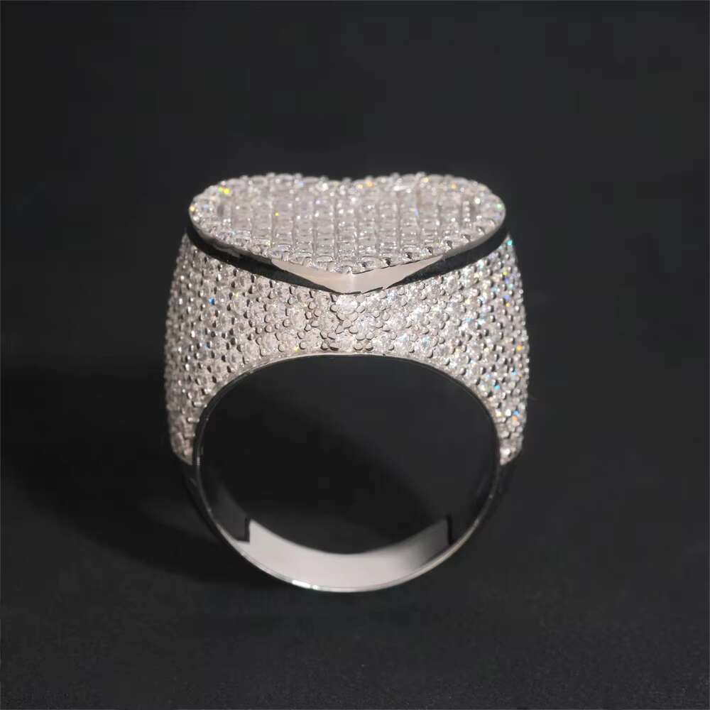 Baguette Silver Plated Hip Hop Style VVS Moissanite Jewelry Heart Shape Custom Iced Out Ring 925 Silver Diamond Rings Women Men