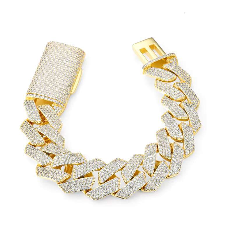 Mens 22MM Wide Yellow Brass Cuban Link Chain Necklace with 4 Rows of Zirconia Luxuriously Gold Plated in 18K for a Bold Look
