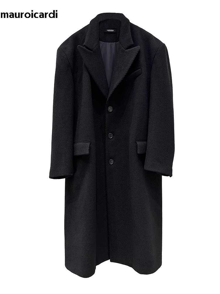 Mauroicardi Autumn Winter Cool Oversized Long Warm Black Woolen Coat Men Luxury Designer Clothes Wool Blends Overcoat 2024T251125