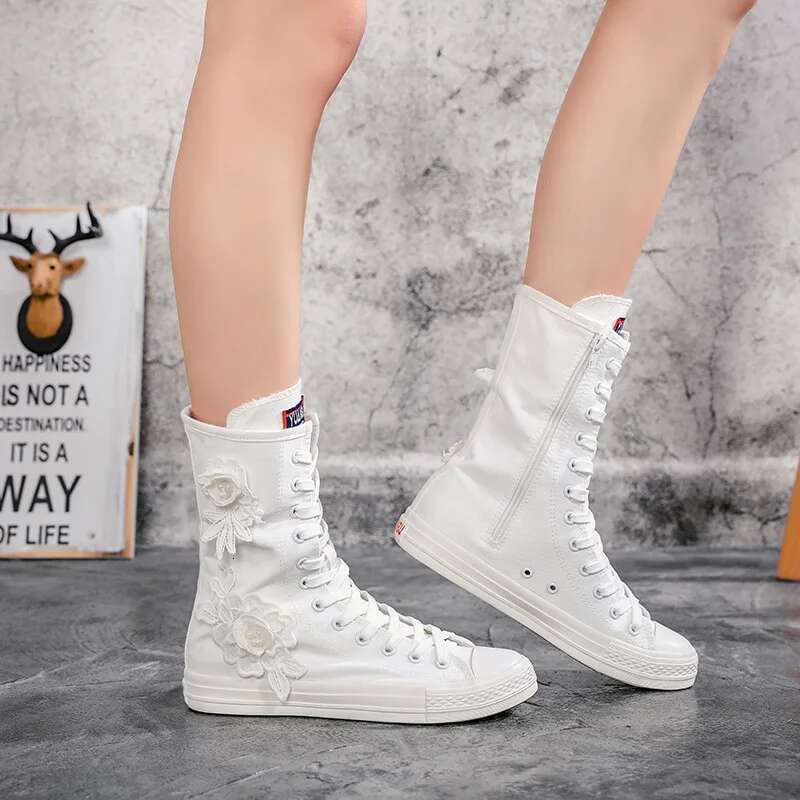 Autumn medium embroidery lace-up side zipper flat boots casual canvas inner heightening plush large size women's shoes