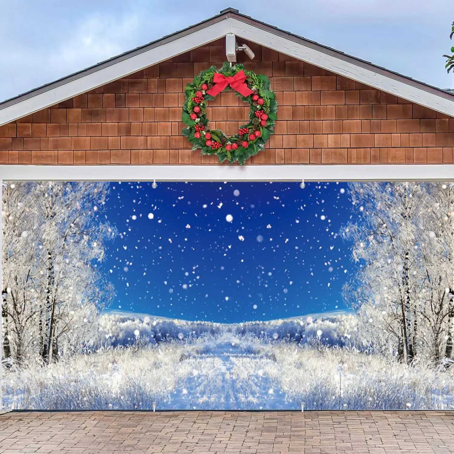 Winter Garage Door Decoration Banner Snowy Forest Backdrop Christmas Winter Festival Party Large Hanging Photography BackgroundM251125