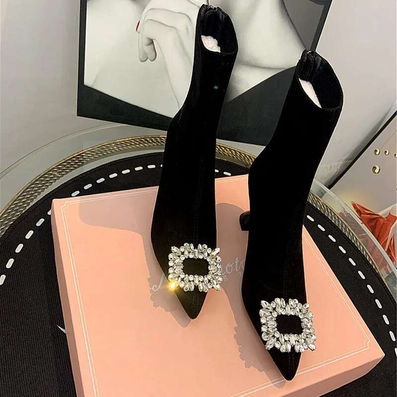 Ankle Women Shoes Woman Fashion High-Heeled Pointed Flock Spring Autumn Rhinestone Short Boots
