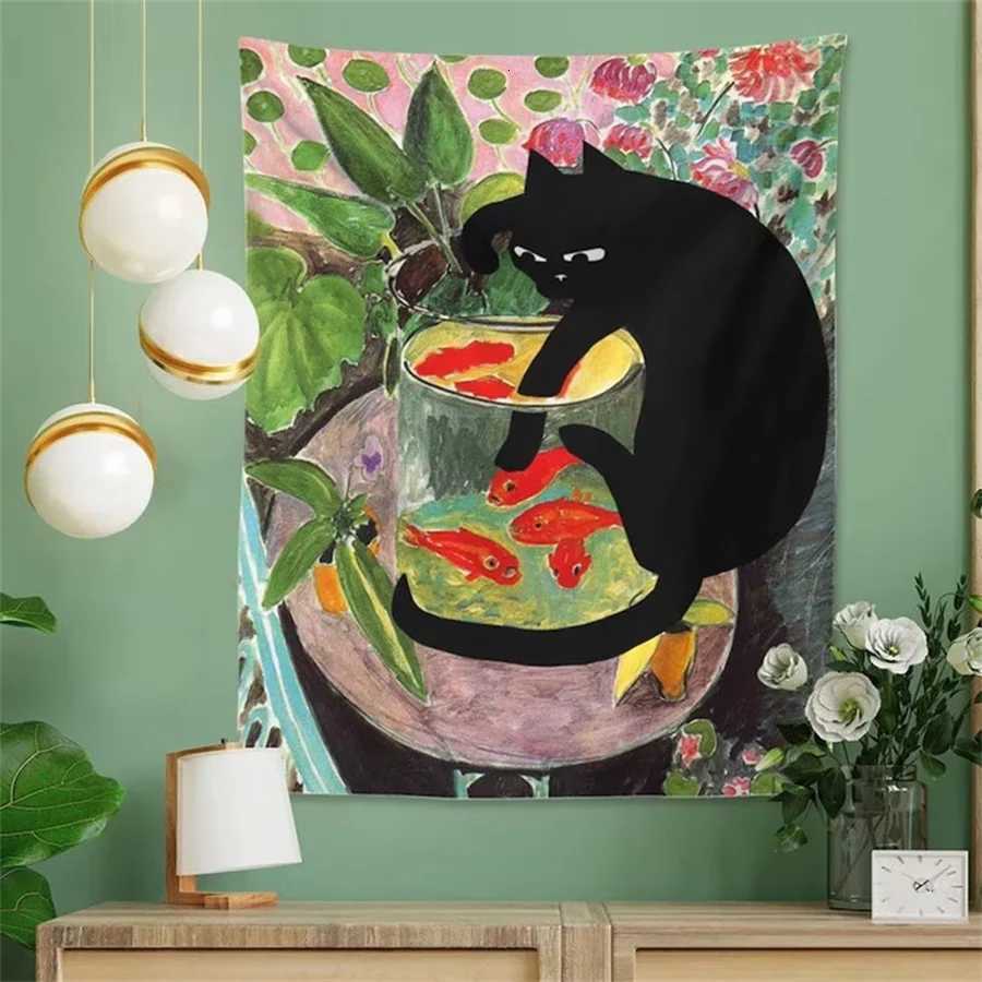 1pc CURIOUS KITTY Tapestry Wall Hanging Cat Goldfish Aesthetic Room Decor Tropical Plants Art Painting Print Dorm Bedroom GiftM251125