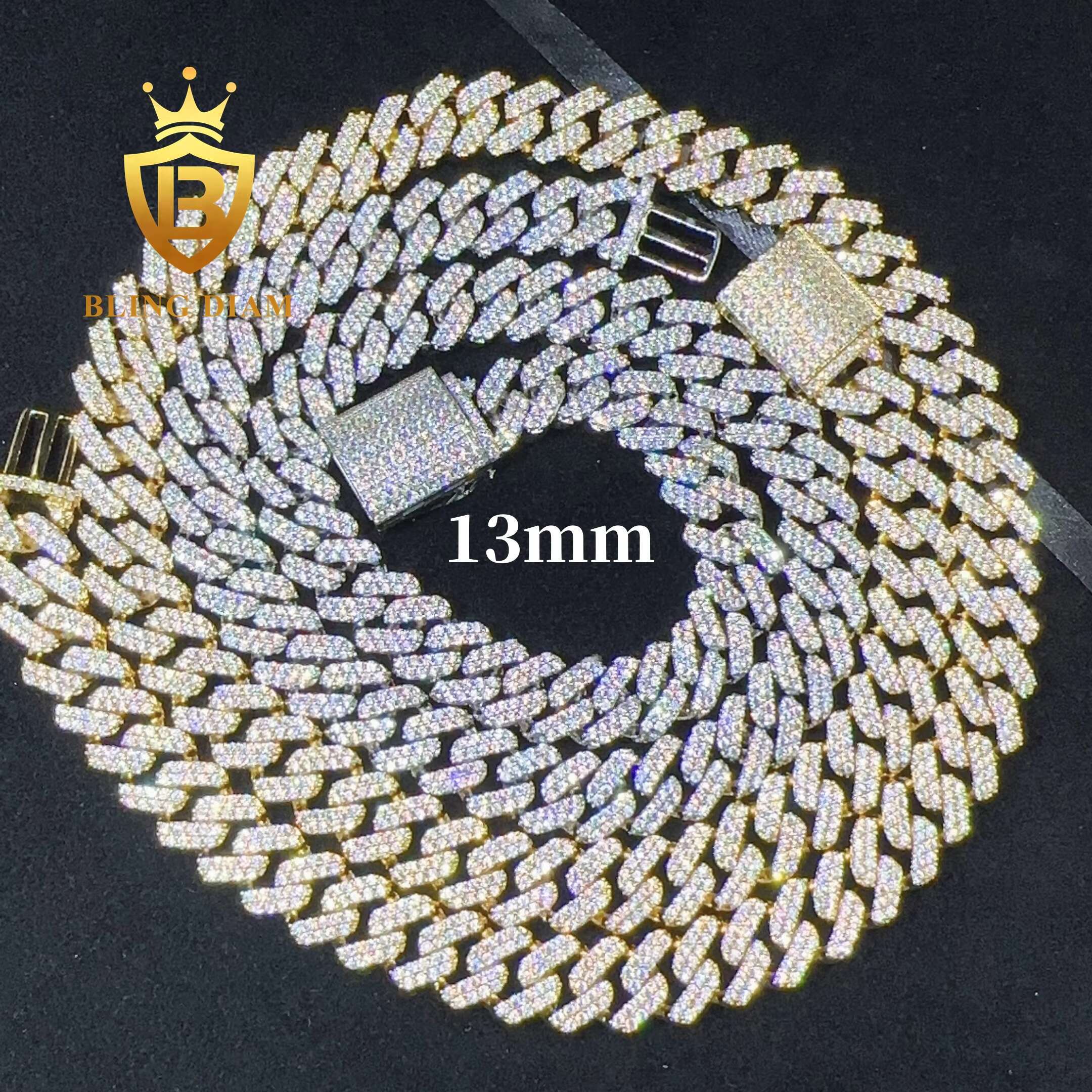 Fine Jewelry Hiphop 13mm Gold Plated Iced Out Brass 2 Rows 5a+ Moissanite Diamond Cuban Link Chain Moissanite Miami Necklace
