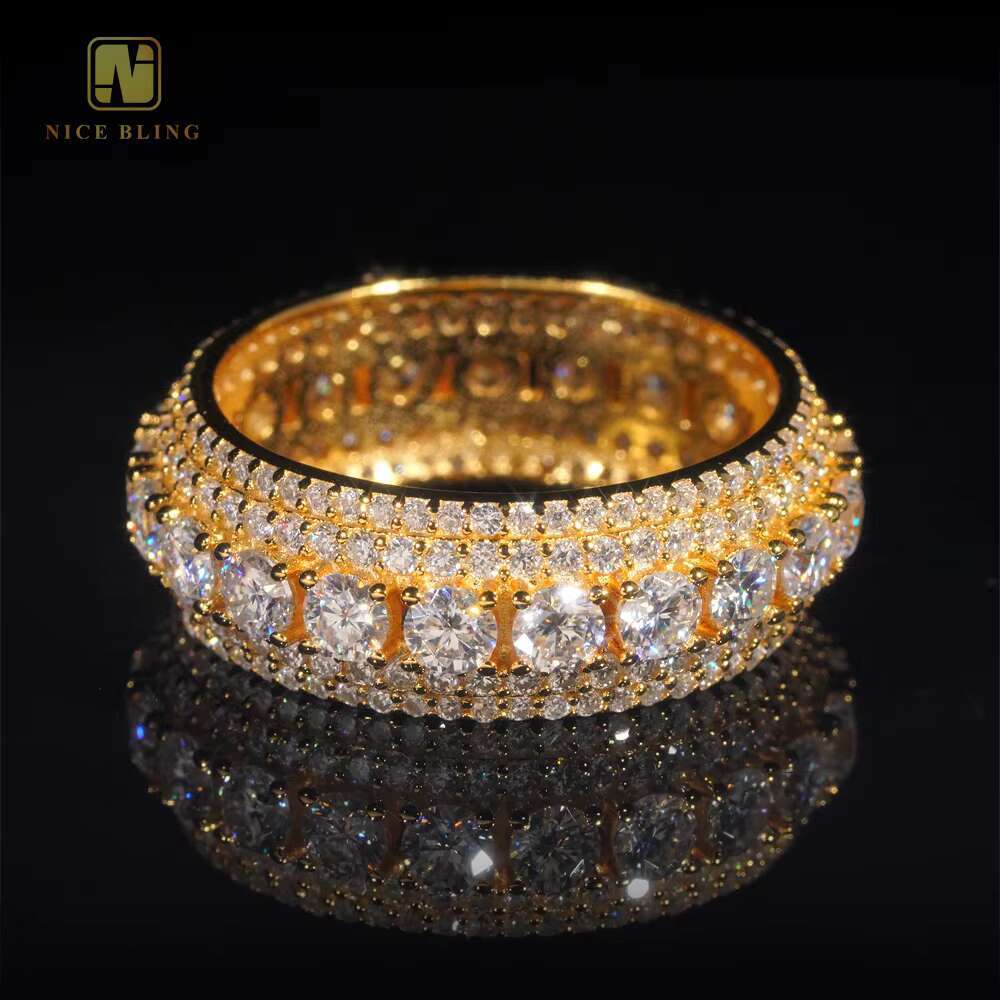 Luxury Rapper Jewelry Gold Plated Solid Inside 925 Sterling Silver Hip Hop Fully Iced Out Moissanite Band Ring