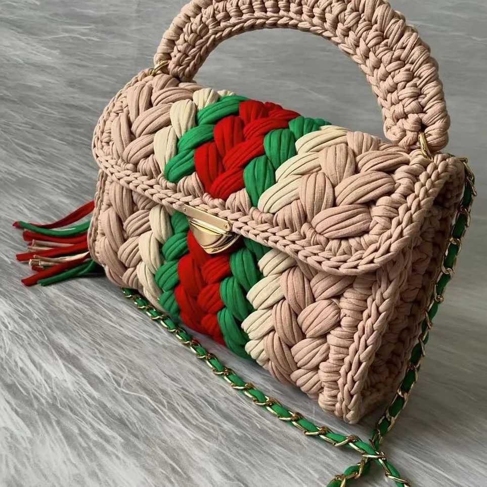 Womens wallet fabric womens bag summer bright color splicing chain tassel pure handmade crochet bag luxury designer handbag W250421