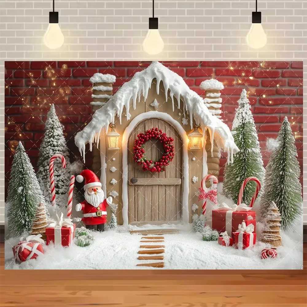 Christmas Party Backdrop Wooden House Winter Xmas Tree Gift Decoration Banner Family Kids Portrait Photography BackgroundM251125