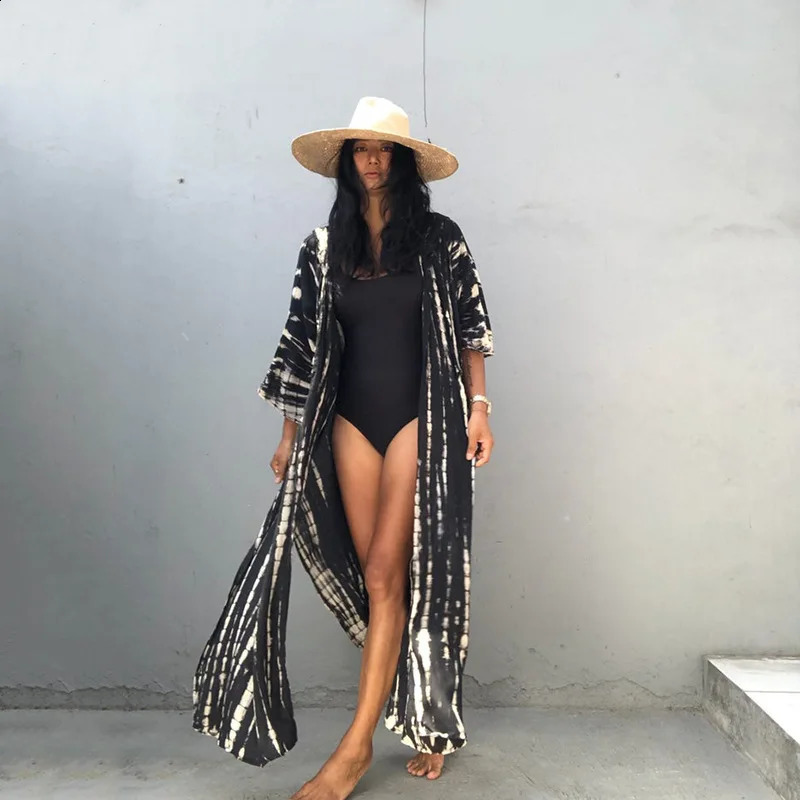 Beach womens tie dye striped bikini top swimsuit hooded beach wear Japanese kimono 250422