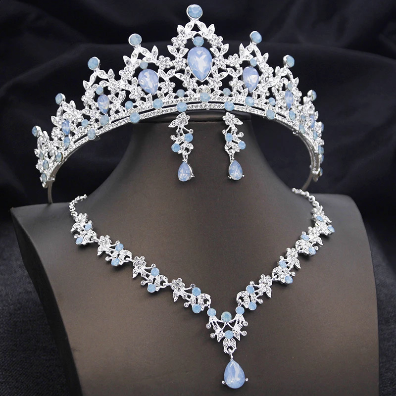Opal Blue Tiaras Sets Bridal Jewelry Set for Princess Wedding Crown and necklace earring Prom Birthday Dress Costume Accessories 250417