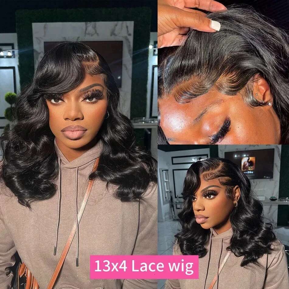 Body Short 250 Density 13X4 Front Human Hair 12 14 16 Inch Black Bob 13X6 Lace Frontal Wig HD Brazilian Water Wave