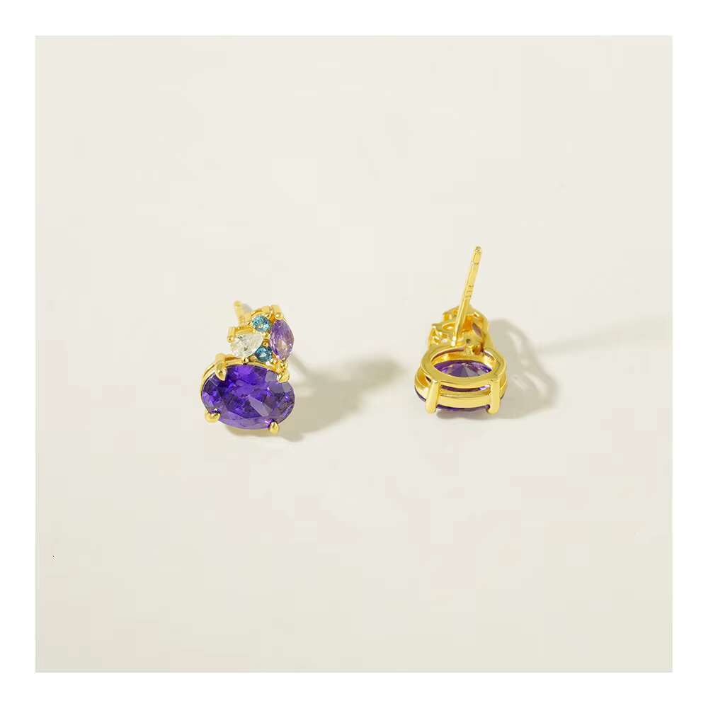 Exquisite handmade pure sier with gold plated oval purple crystal zircon earrings for women