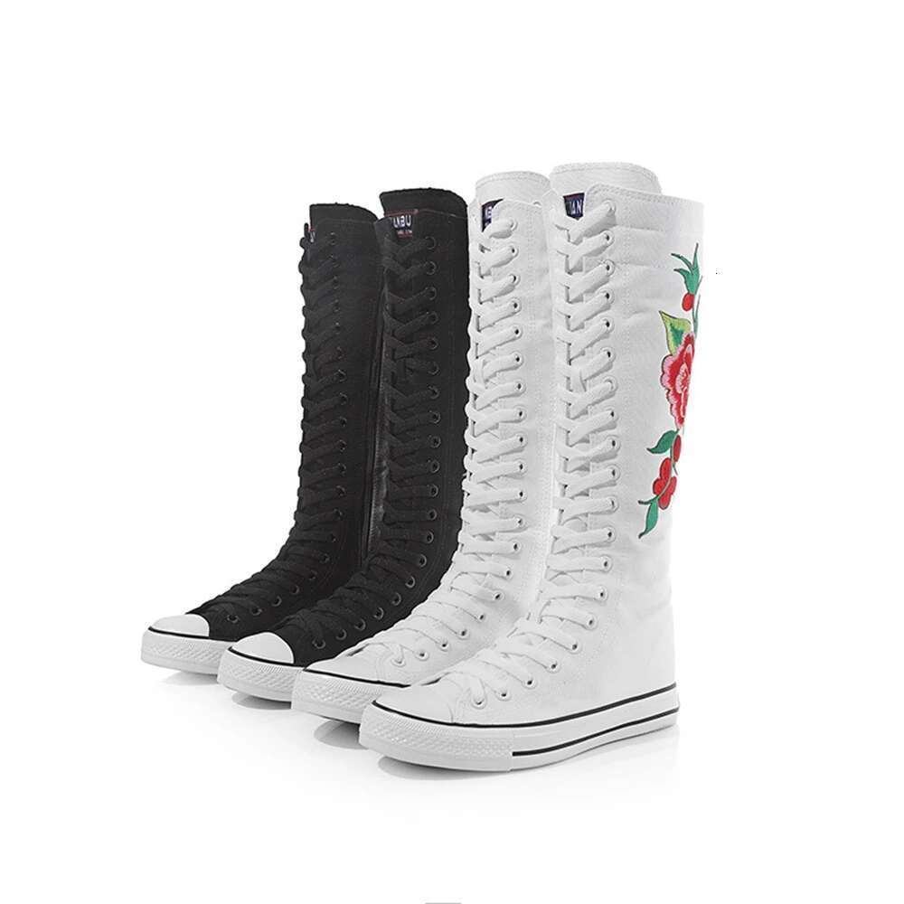 Spring new high-top front lace-up embroidered canvas casual soft sole flat inner heightening couple large-size women shoes