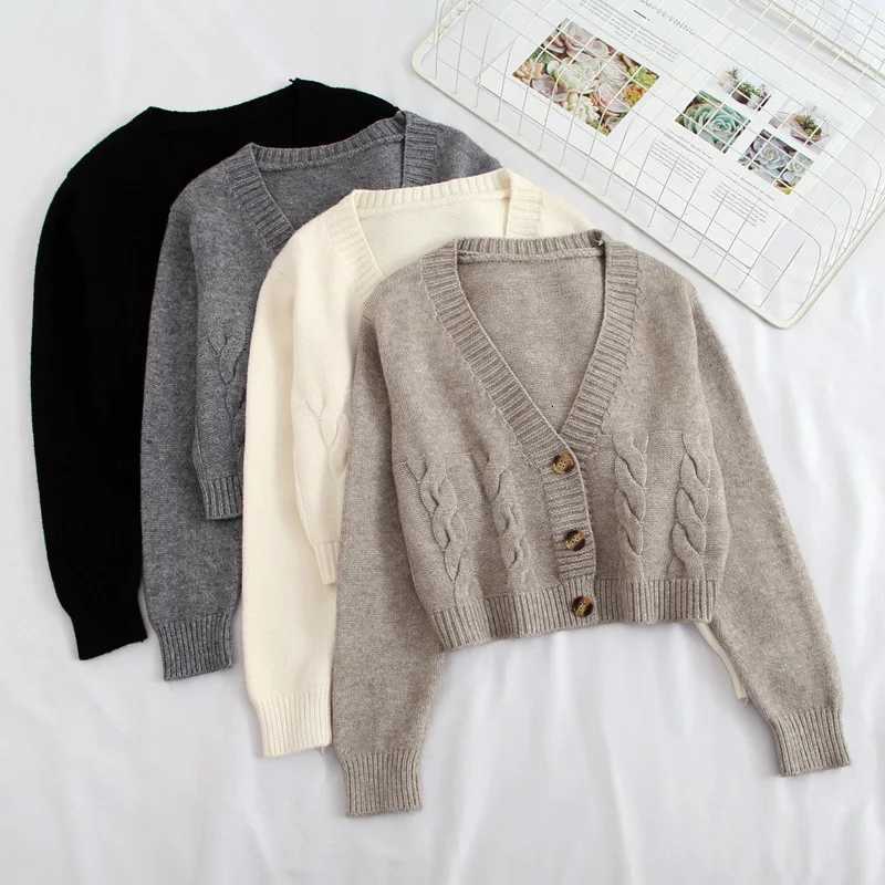 V Neck Cropped Cardigan Women Long Sleeve Twist Knitted Sweater Coats Autumn Winter Keep Warm Korean Fashion Jacket CardiganT251125