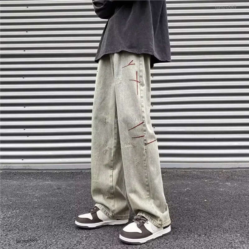 New American street washed vintage embroidered jeans for men spring and autumn straight leg loose high street style long pants