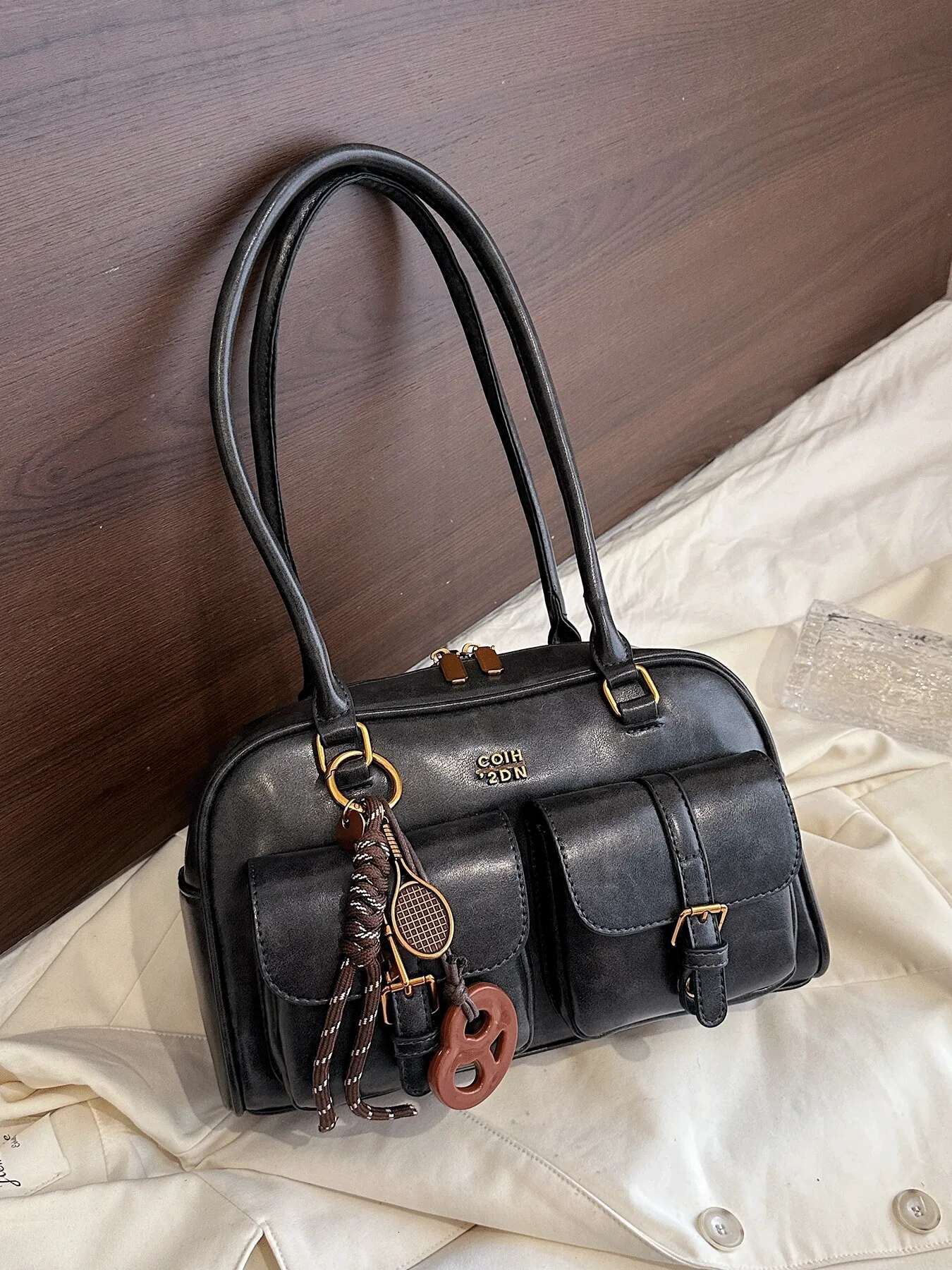 Vintage Brown Tote For Women, Crossbody Shoulder Bag With Metal Buckles & Keychain, Stylish Spacious Daily Purse