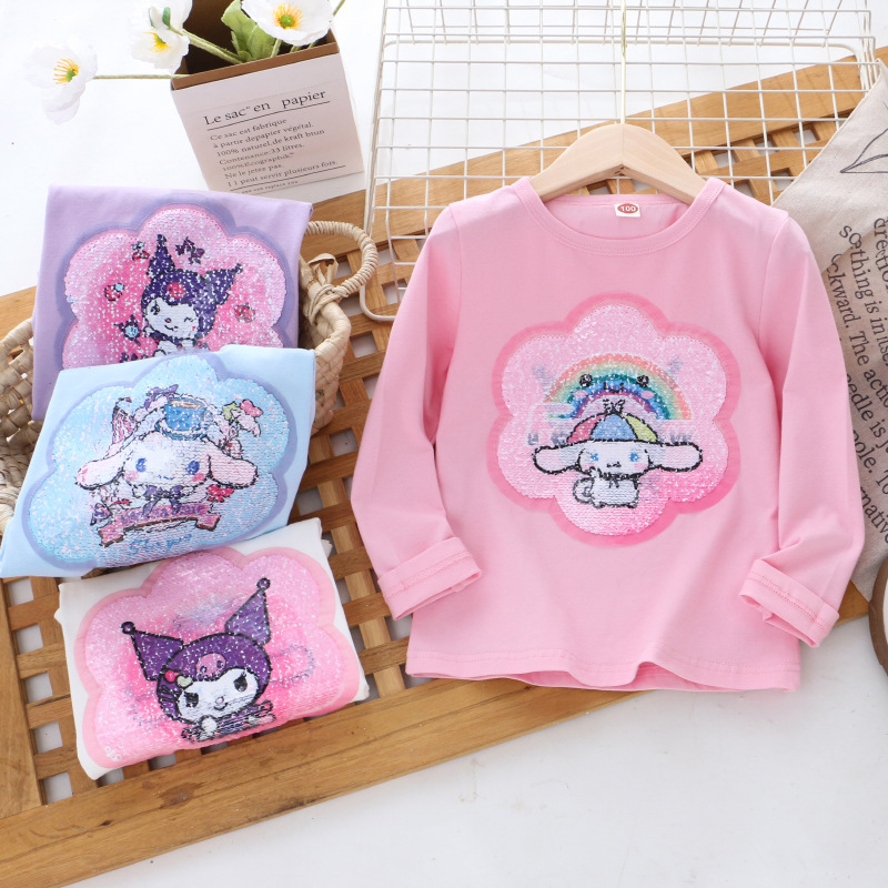 Disney girl designer t-shirt children's cotton top girl color changing sequin t-shirt spring and autumn top girl's top comfortable soft prin