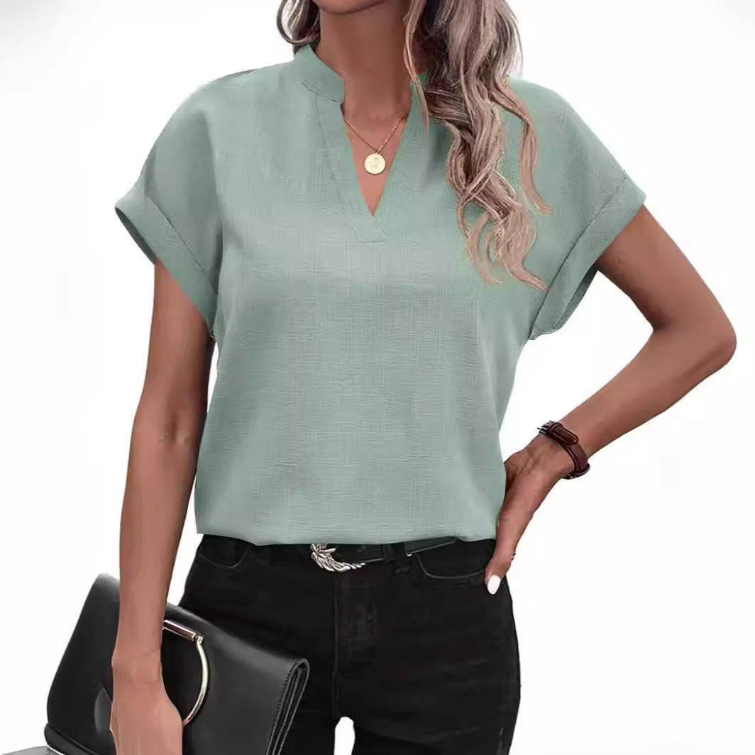 2024 summer simple and fashionable V-neck short sleeved linen shirt for women