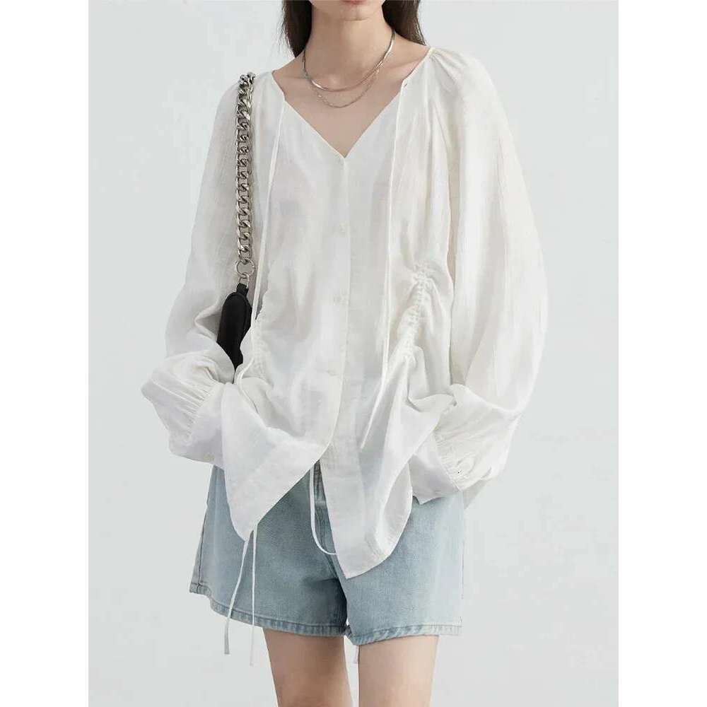 CHIC VEN Women Loose Lace Up Shirt Solid New Korean V-Neck Pleated Raglan Long Sleeved Blouses Female Tops Spring Summer 2025
