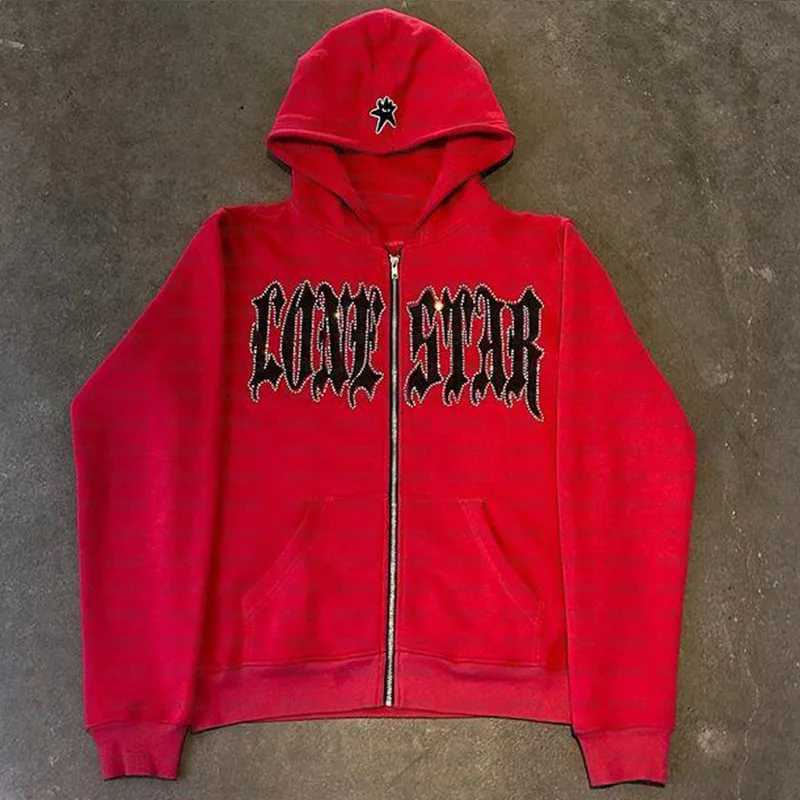 Foreign trade hip-hop Gothic cardigan wool sweater Y2K Harajuku hot stamping diamond personalized letter printed sweater w250425