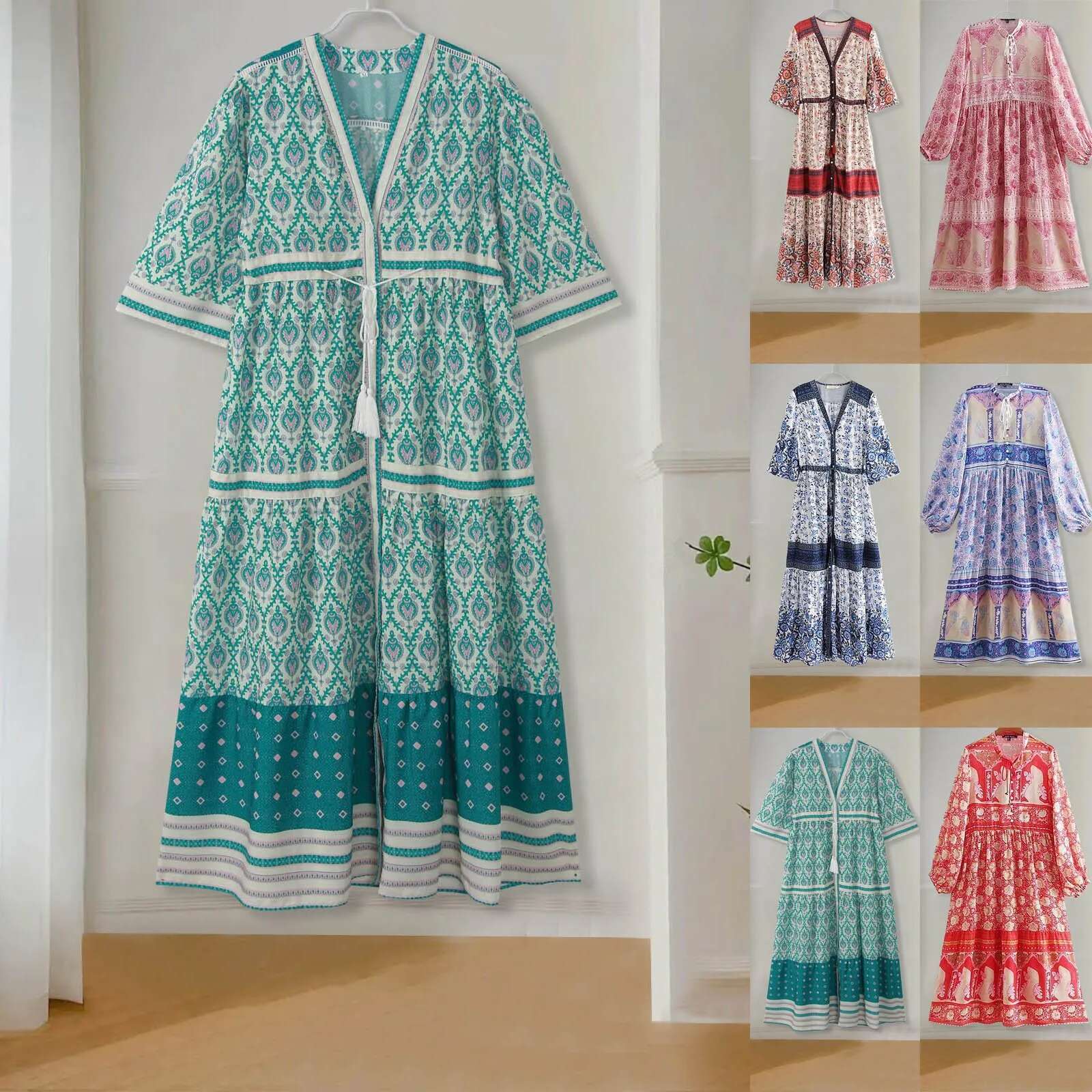 Dongdumaoyi Vintage Chic Fashion Boho Maxi Dresses Women Floral Print V Neck Rayon Cotton Bohemian Ladies Neck Tassel Summer Beach Dress