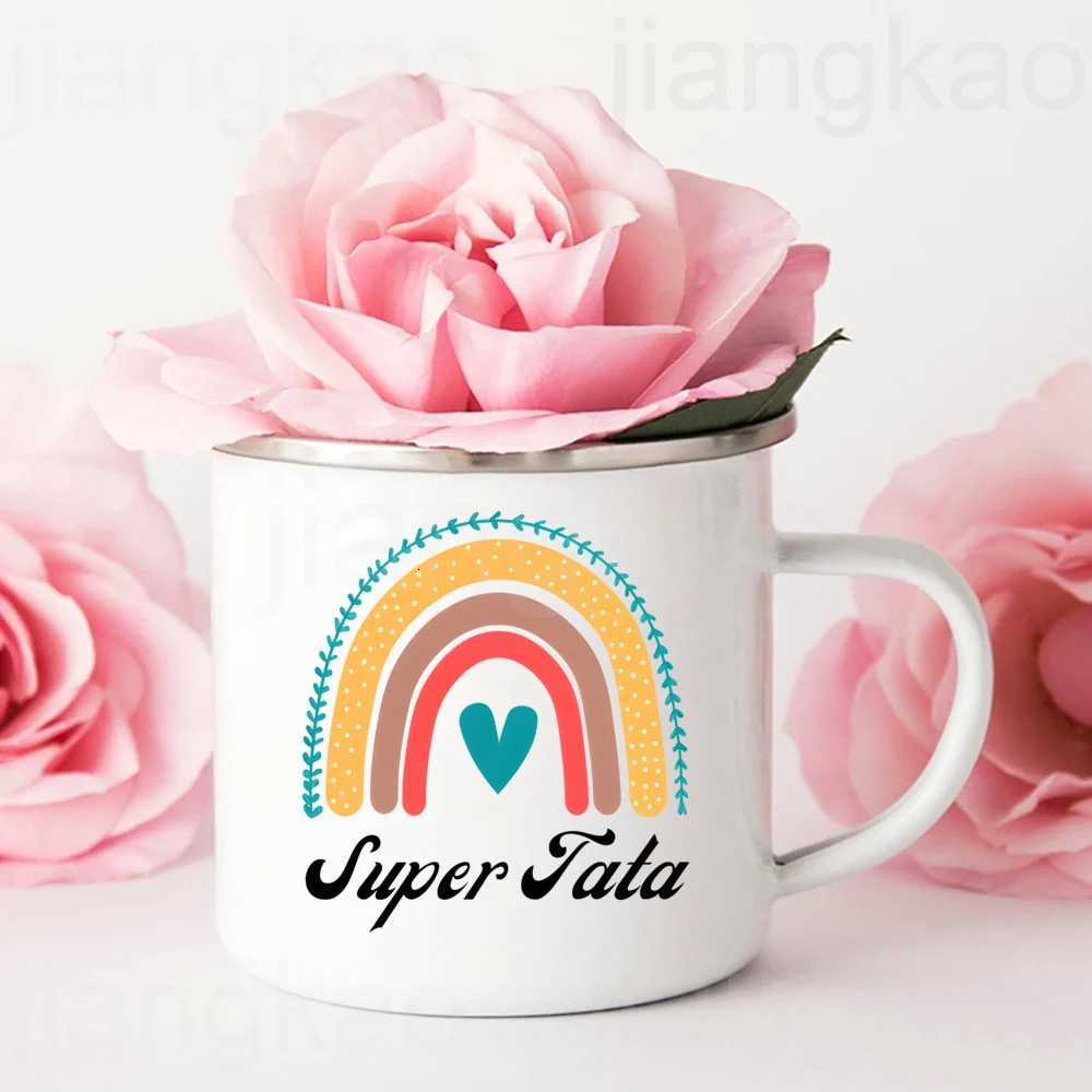 Super Tata Rainbow French Printed Enamel Cup Coffee Mug Drinks Milk Cups Camping Mugs Best Birthday Holiday Gift for Auntie Aunt Y251125