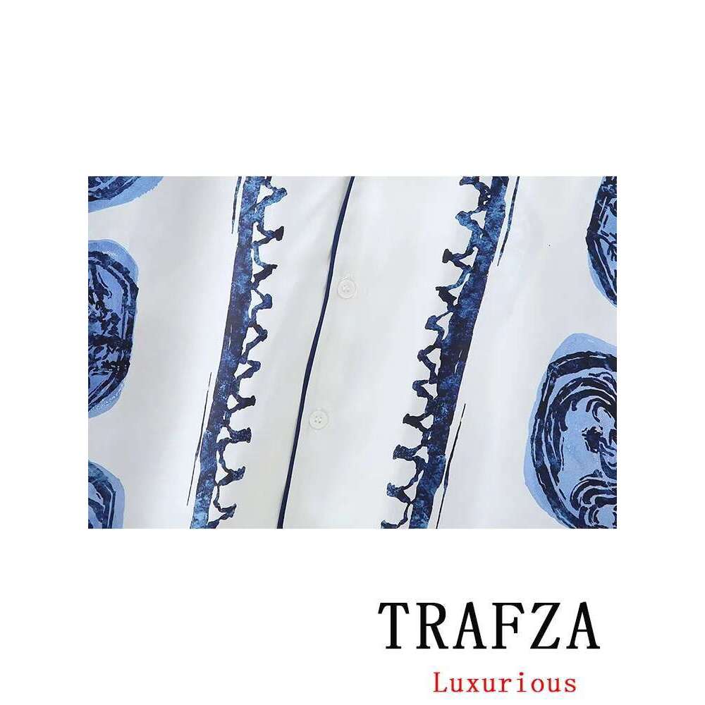 Designer Clothes TRAFZA Vintage Casual Print Suit Single Breasted V Neck Shirts+Loose Wide Leg Long Pants Fashion Autumn Women Sets