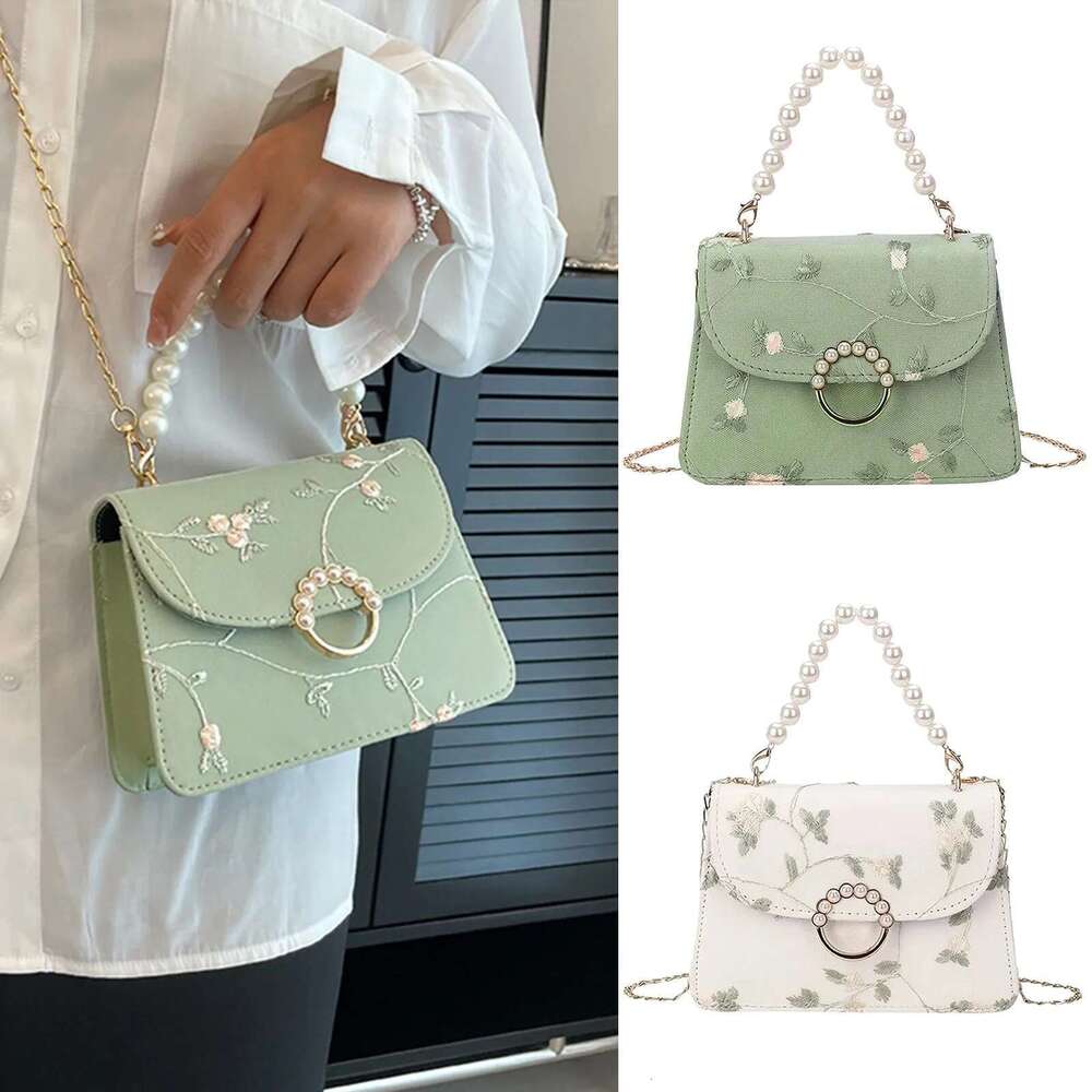 Women's Fashion Chain One Shoulder Crossbody Non-Positioning Lace Embroidery Pearl Handbag Small Square Bag Bolsas Para Mujeres