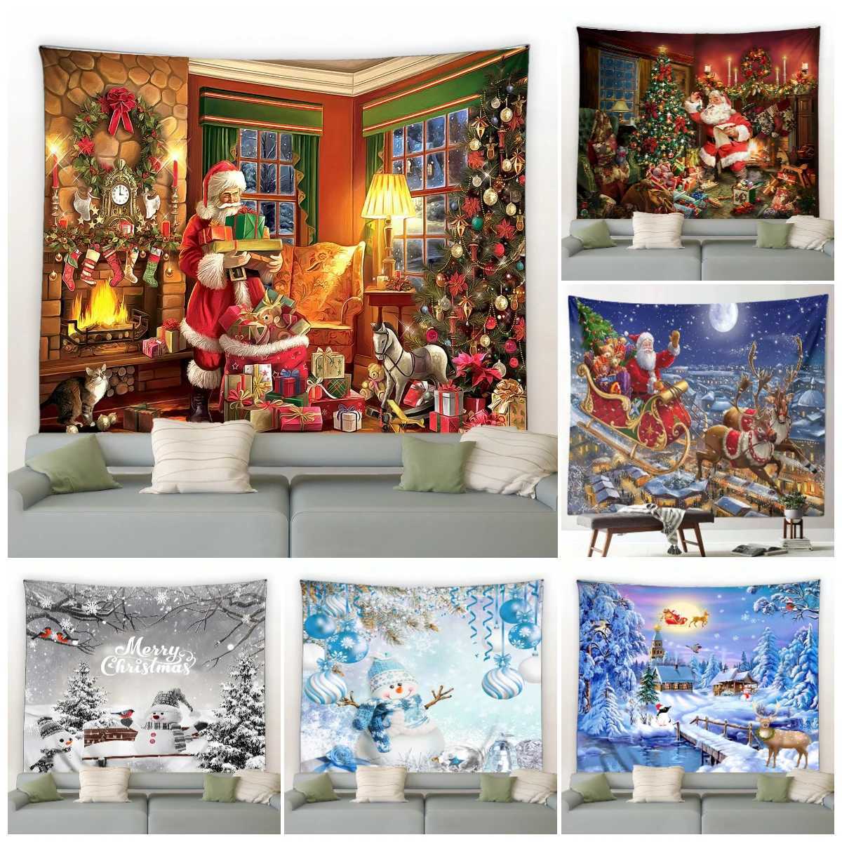 Christmas Tapestry Funny Santa Claus Xmas Tree Balls Gifts Fireplace Home Decor Art Wall Hanging for Dorm Bedroom Living RoomM251125