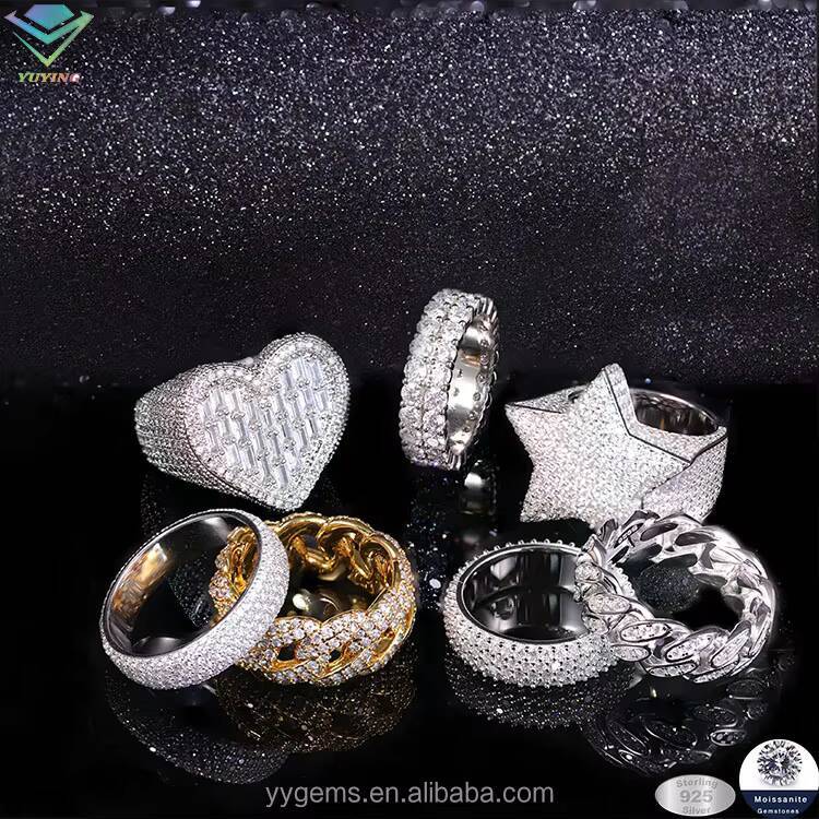 Fashion Hip Hop Diamond Ring Vvs Moissanite Pass Diamond Tester Sterling Silver 925 Gold Fine Jewelry Ring for Rapper Men