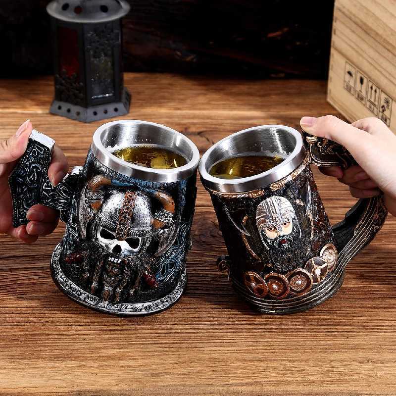 Vikings Skull Vintage Style Stainless Steel Beer Mug Medieval Pirate Wood Barrel Coffee Cups Halloween Metal Drink Bar Ornaments Y251125