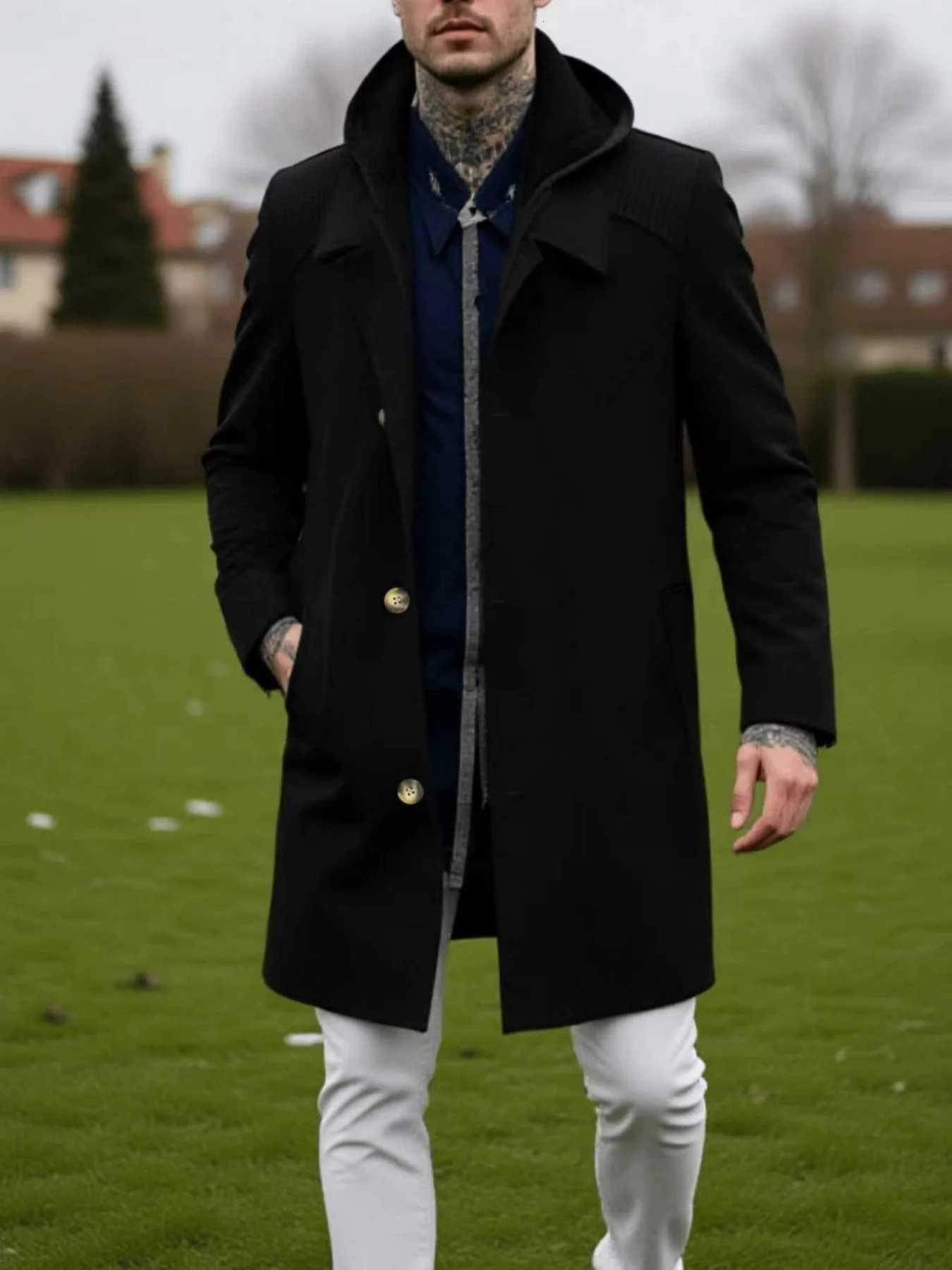 Mens Convertible Wool Coat Single-Breasted Zippered Hooded Wrinkle-Resistant Trench Style for City LifeT251125