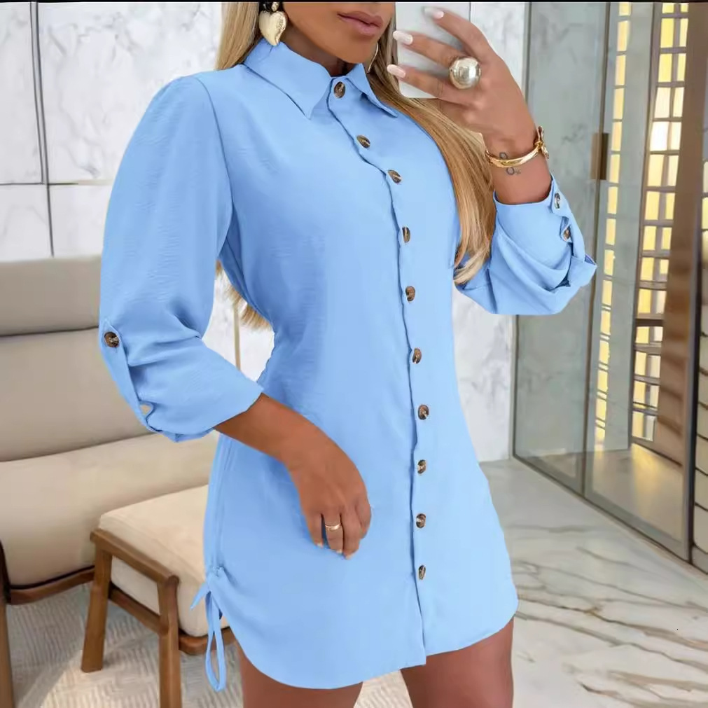 2024 Autumn Fashion Long Sleeve Solid Color Double Side Drawstring Dress for Women