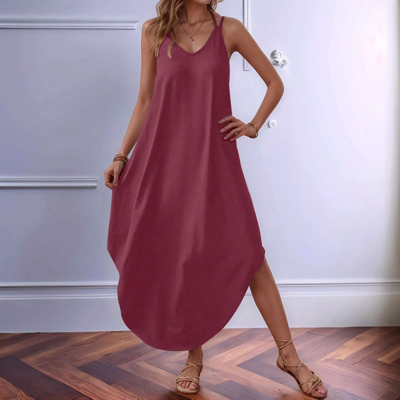 Dongdumaoyi Women S Long Dresses Solid Color Semi Circular Hem Skirt Fashionable Loose Strap Dress Casual Beach Style