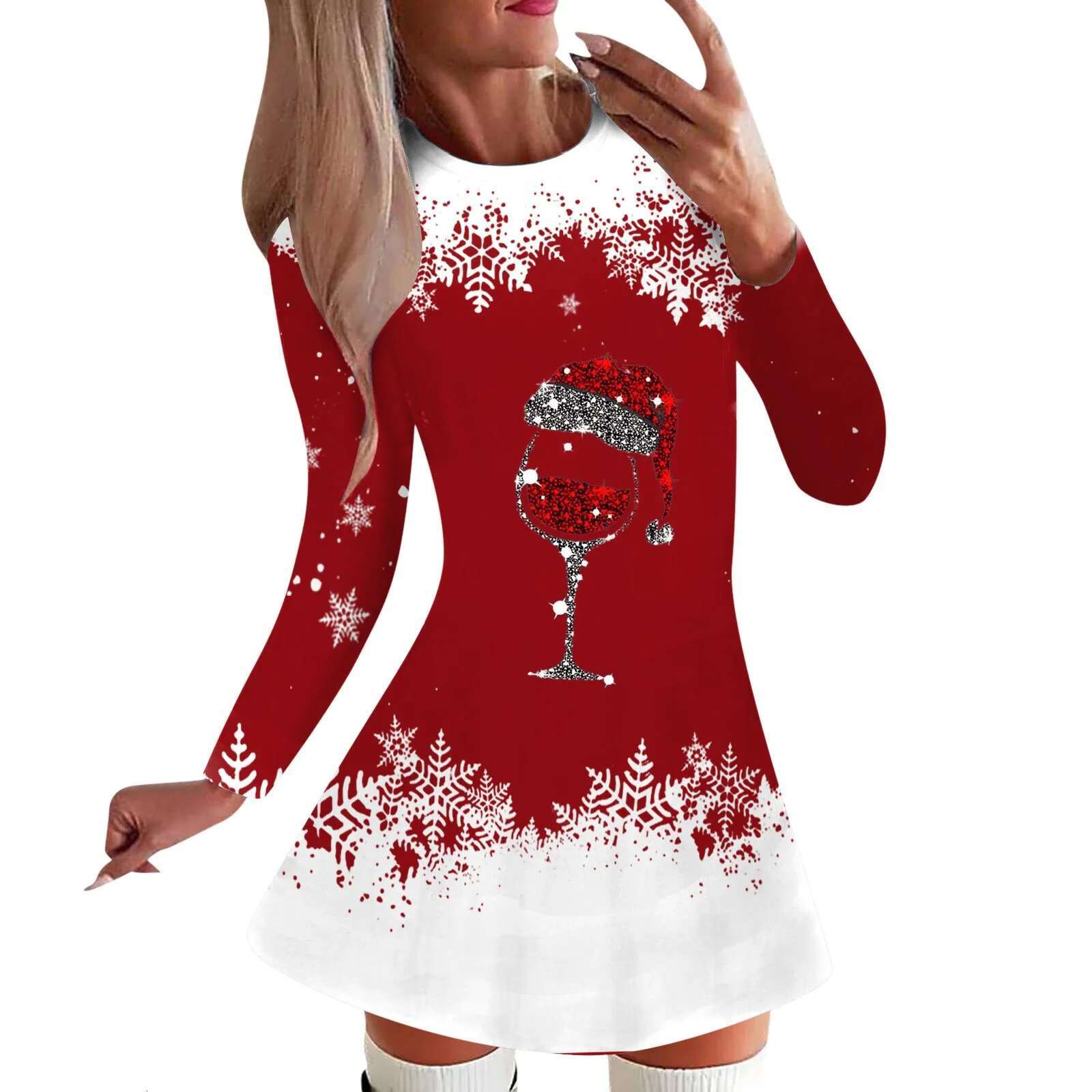 Dongdumaoyi Womens Dresses Spring Fashion Christmas Wine Glasses Print Casual O Neck Long Sleeve Mini A Line Dress Clothes