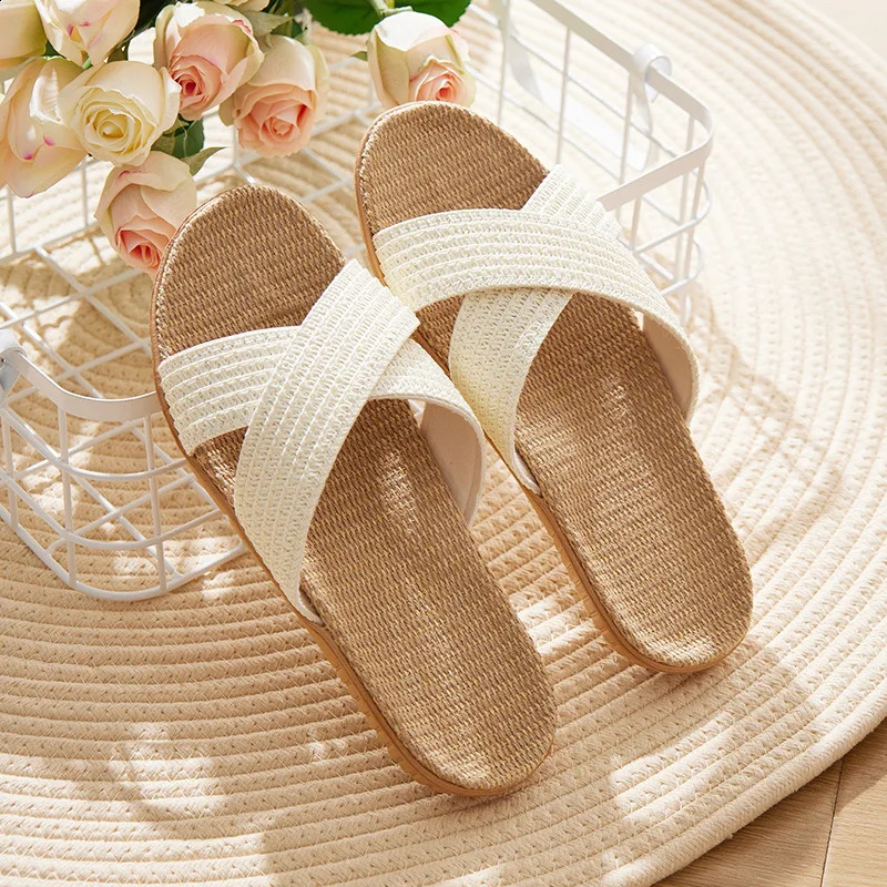 Fashion Cross Straps Slippers Women Summer Linen Flat Sandals Eva Lightweight Comfortable Ladies Flat Flip-flop Slippers Slide 250421