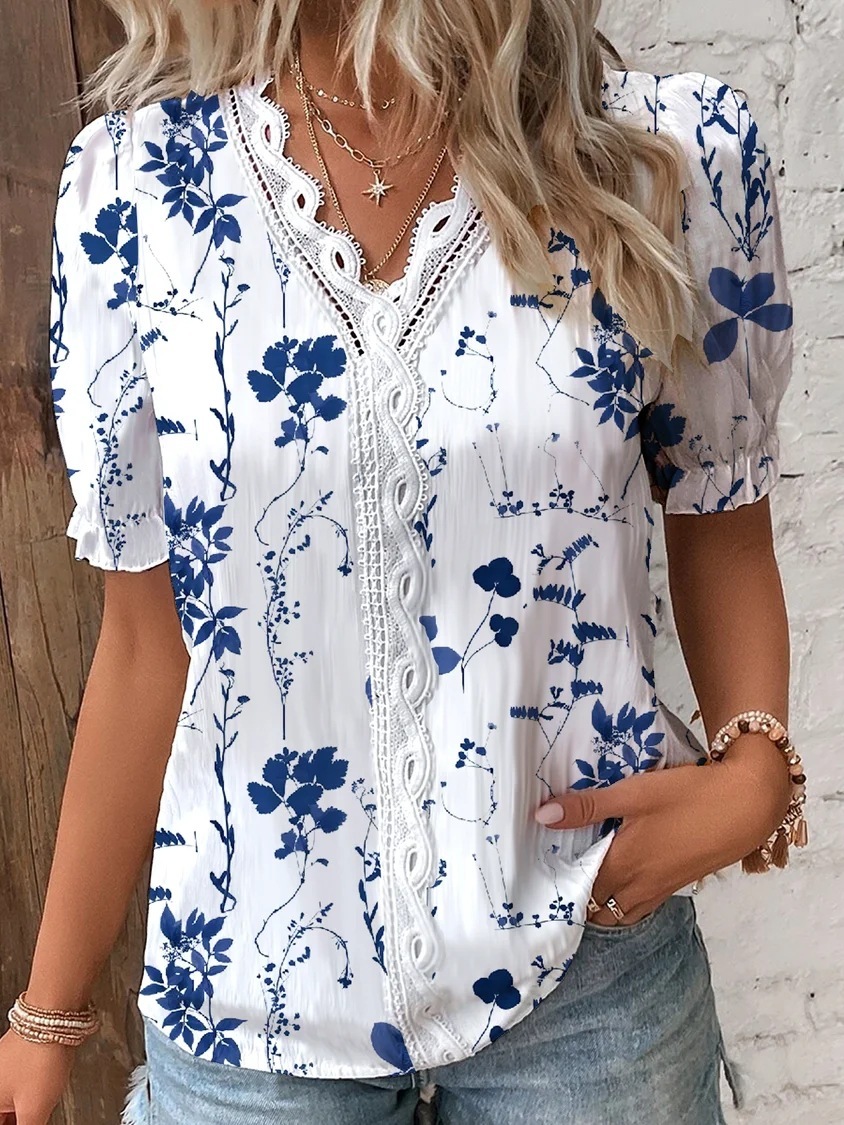 2023 Summer V-neck Lace Splicing Printed Shirt Womens Shirt