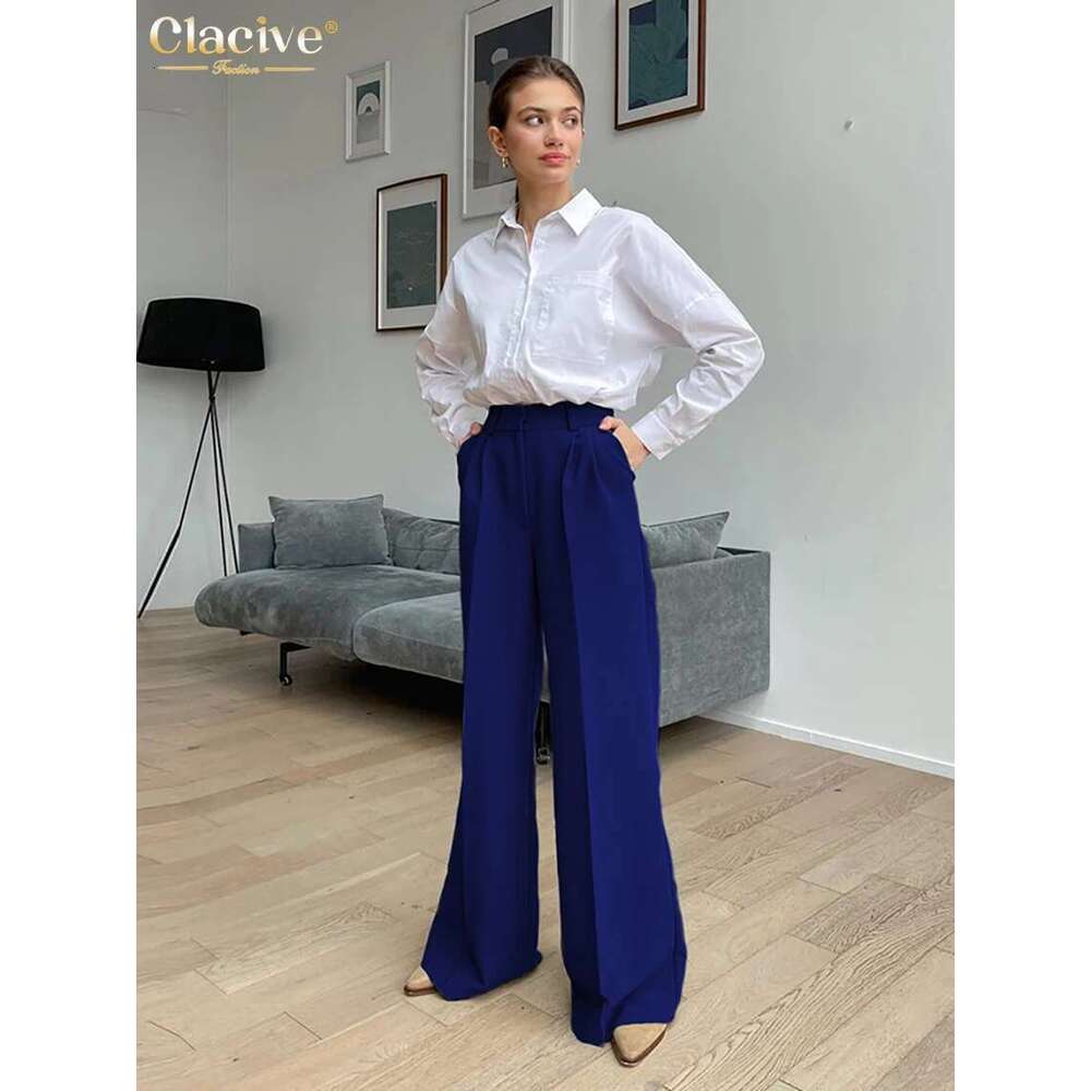 Clacive Blue Office Women's 2021 Fashion Loose Full Length Ladies Trousers Casual High Waist Wide Pants For Women