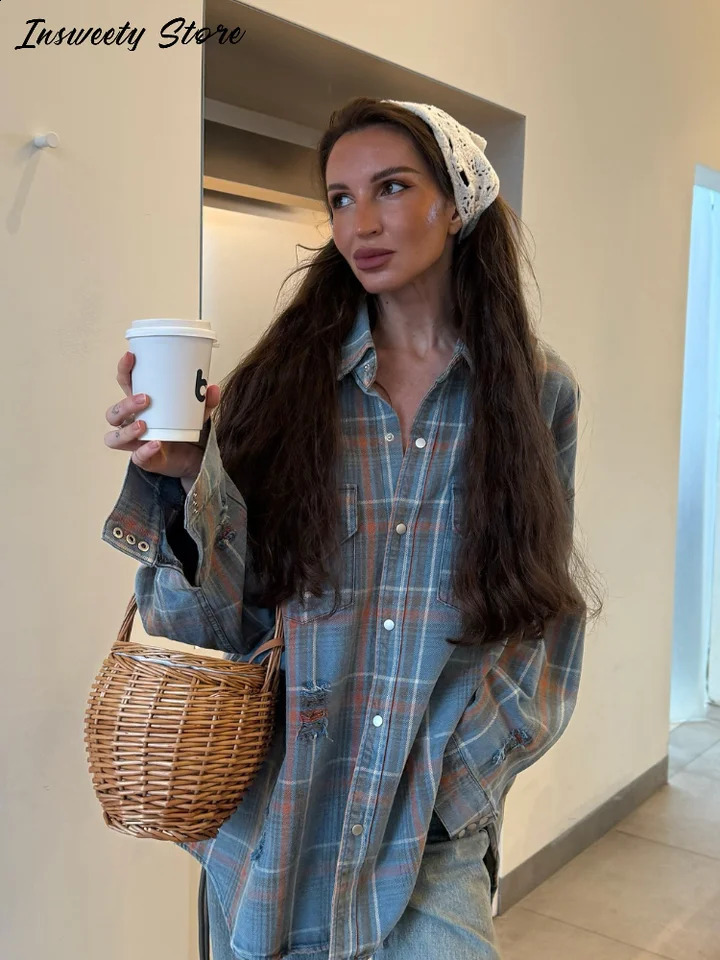 Denim Flat Pattern Shirt Coat for Women Loose Single Chest Collar Full Sleeve Top Spring Womens Clothing 250418