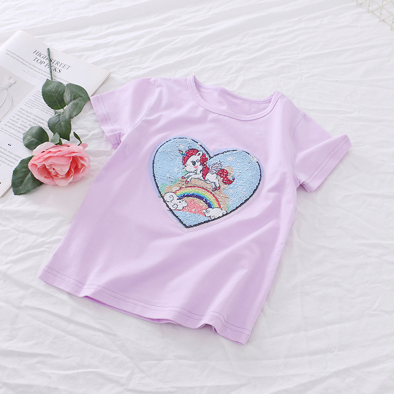 Disney baby designer clothing short-sleeved T-shirt color-changing sequin short-sleeved cotton T summer children's clothing baby girl' casua