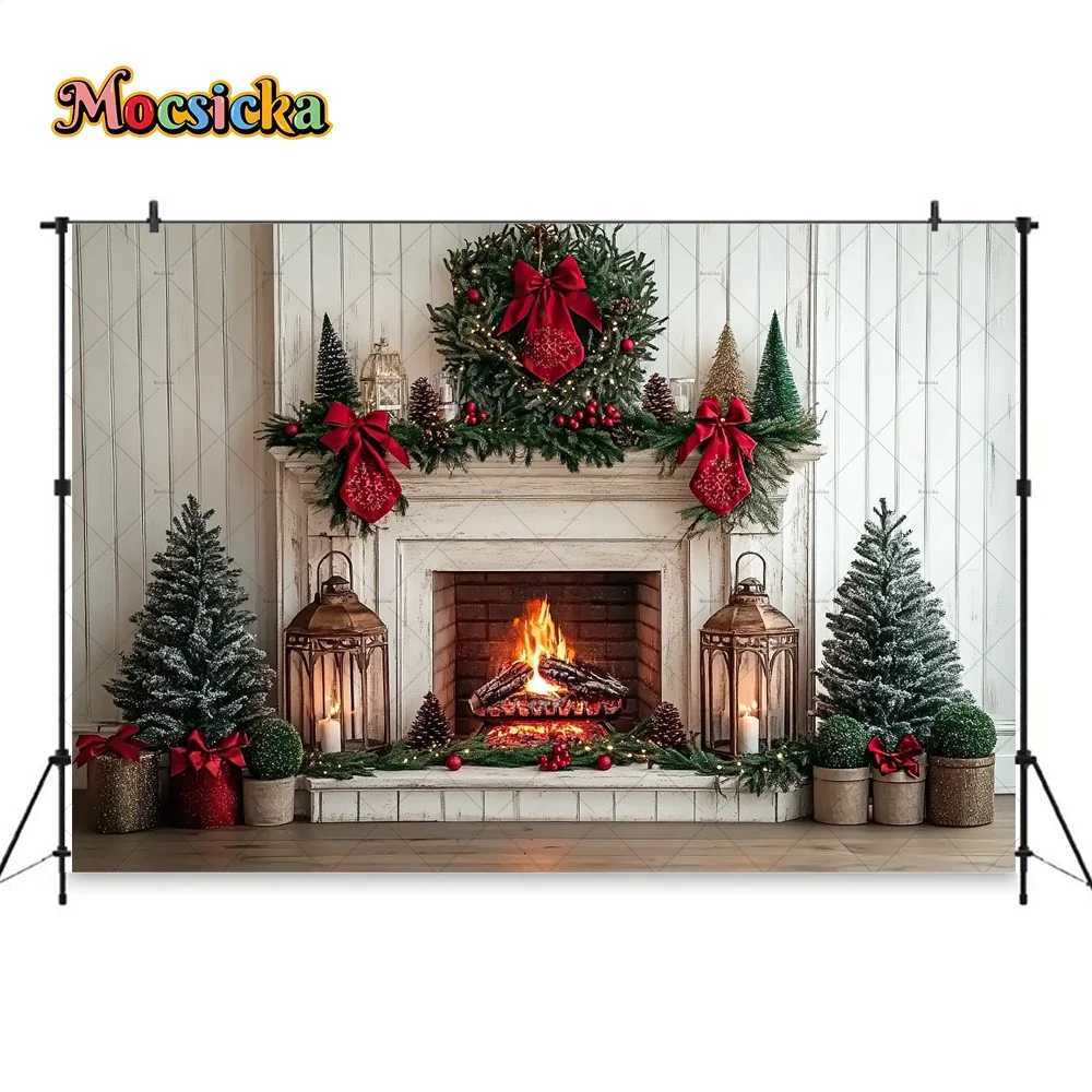 White Christmas Fireplace Room Background Photography Xmas Tree Garland Red Bow Lantern Backdrop Winter Family Photozone StudioM251125