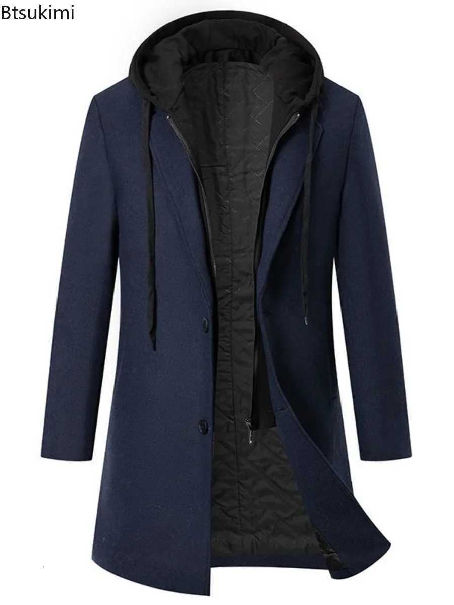Luxury Mens Business Casual Wool Trench Coats Fashion Hooded Warm Long Woolen Coats Autumn Winter Thickened Windbreaker JacketsT251125
