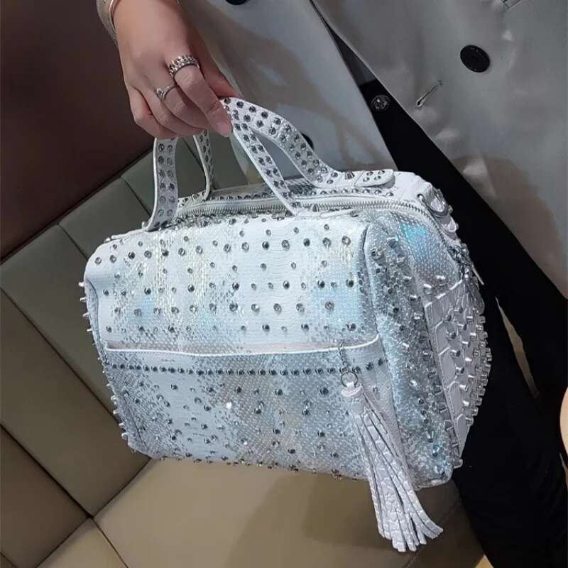 Spring and autumn rhinestone rivet soft leather leopard print handbag casual large-capacity one-shoulder cross-body women's bag