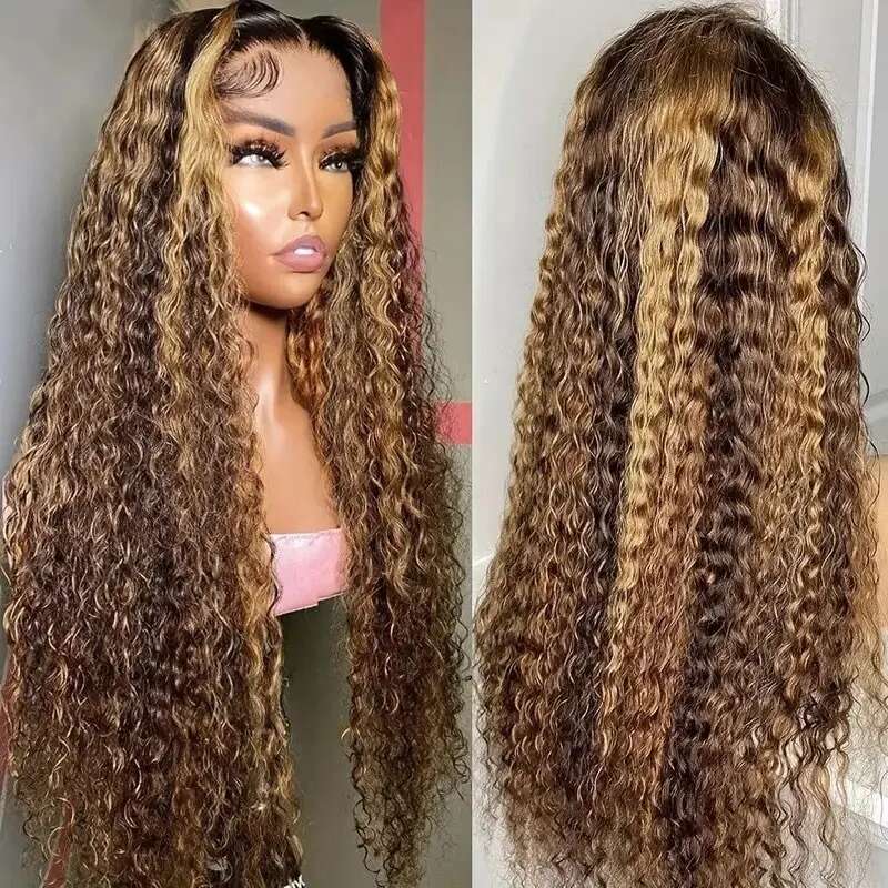 Highlight Honey Blonde Water Wave Front Human Hair 13X4 Transparent Frontal Wig Deep Curly Ombre 4/27 Lace Wigs