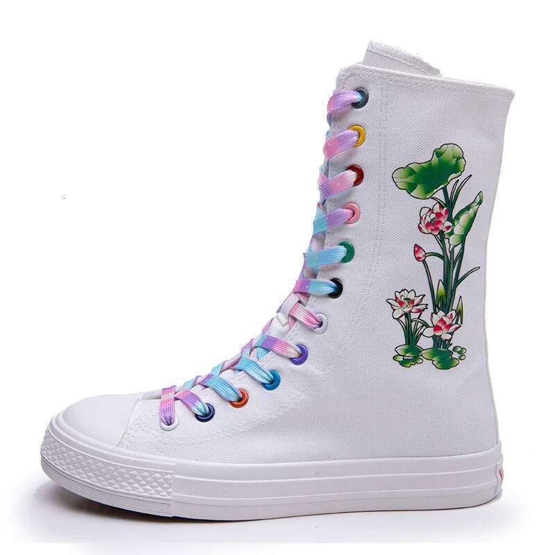Spring new color lace-up side zipper medium-sized printed canvas flat inner heightening casual large size women's shoes